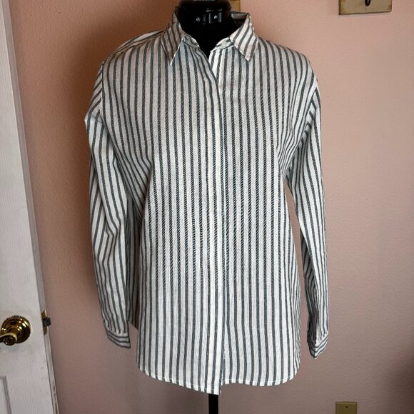 NWT Always and Forever Green and White cotton striped shirt - Medium - Picture 1 of 8